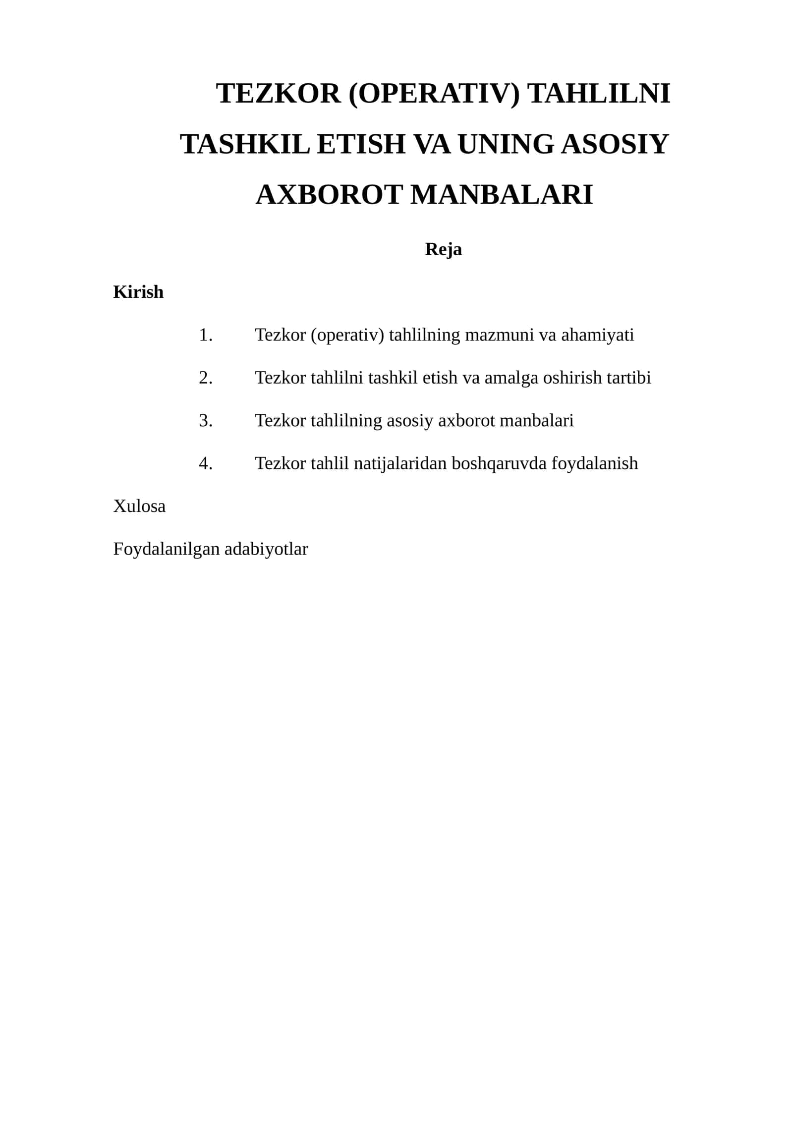 Tezkor (Operativ) Tahlilni Tashkil Etish va Uning Asosiy Axborot Manbalari 1