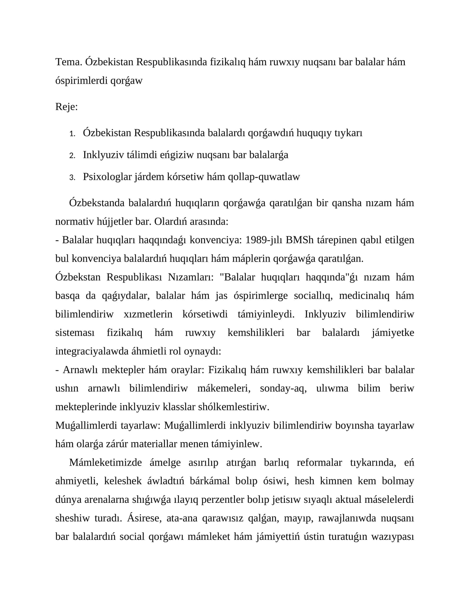 Ózbekistan Respublikasında fizikalıq hám ruwxıy nuqsanı bar balalar hám óspirimlerdi qorǵaw 1