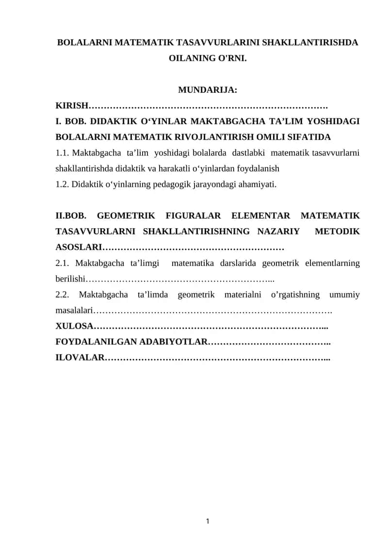 BOLALARNI MATEMATIK TASAVVURLARINI SHAKLLANTIRISHDA OILANING O'RNI 1