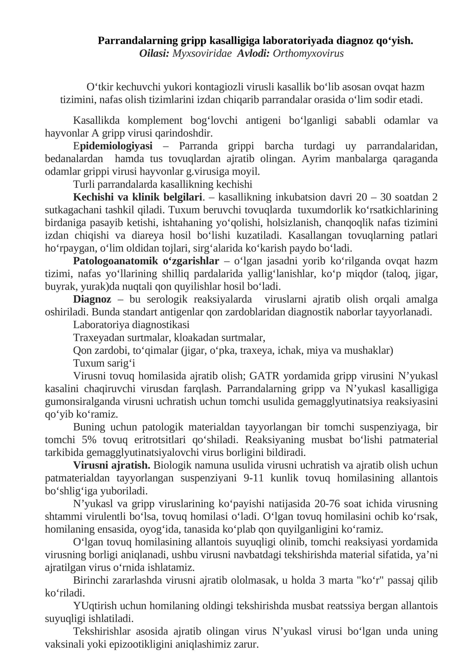 Parrandalarning gripp kasalligiga laboratoriyada diagnoz qo‘yish 1