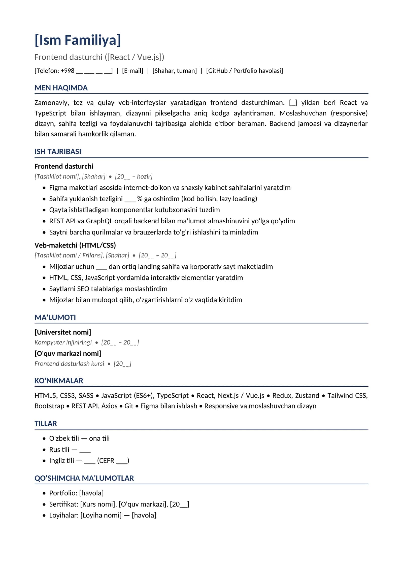Rezyume namunasi Frontend dasturchi 1