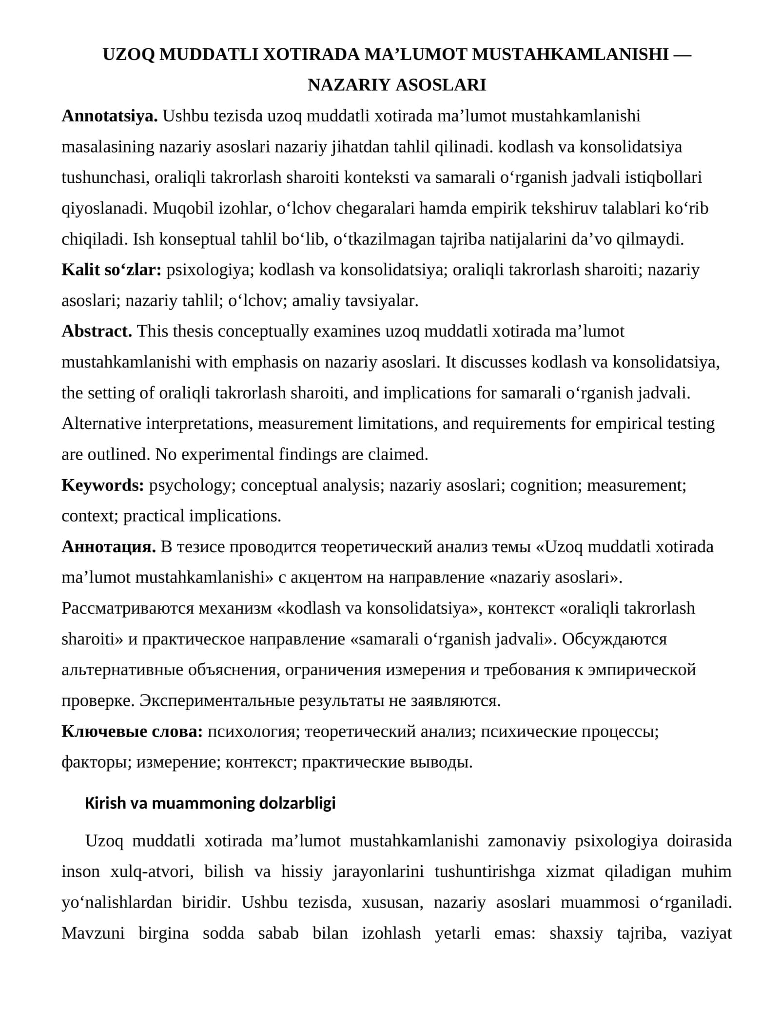 UZOQ MUDDATLI XOTIRADA MA’LUMOT MUSTAHKAMLANISHI — NAZARIY ASOSLARI 1