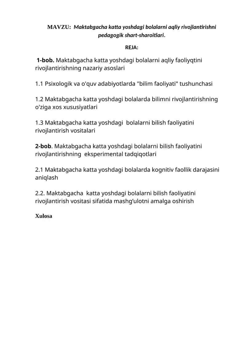 Maktabgacha katta yoshdagi bolalarni aqliy rivojlantirishni pedagogik shart-sharoitlari. 1