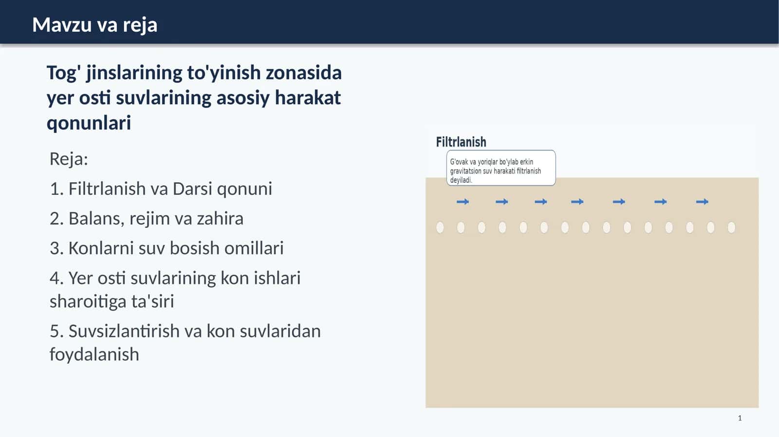 Tog' jinslarining to'yinish zonasida yer osti suvlarining asosiy harakat qonunlari 1
