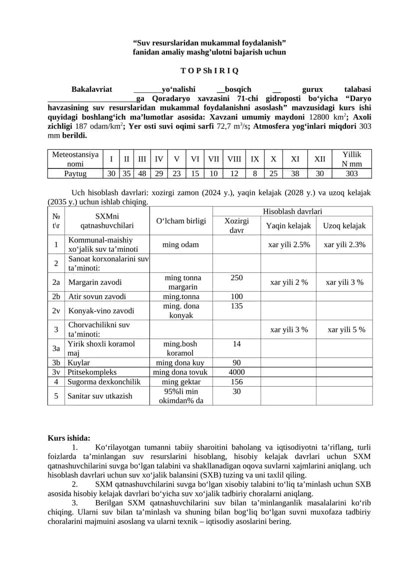 “Suv resurslaridan mukammal foydalanish” mavzusidagi kurs ishi 1