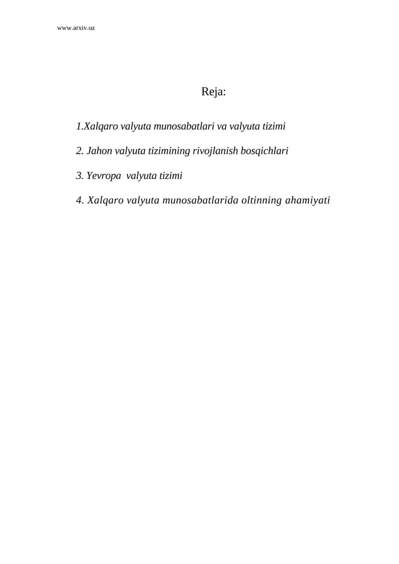 Xalqaro Valyuta Munosabatlari va Valyuta Tizimi 1
