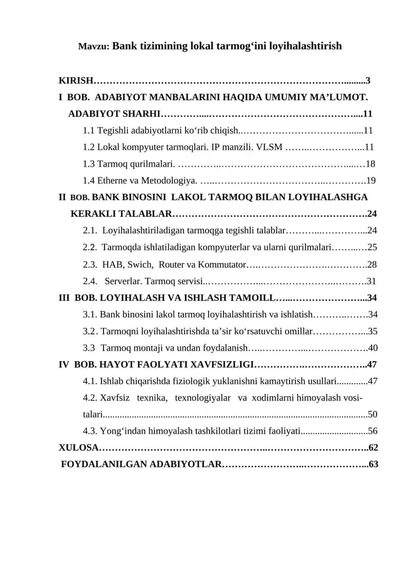 Bank tizimining lokal tarmog‘ini loyihalashtirish 1