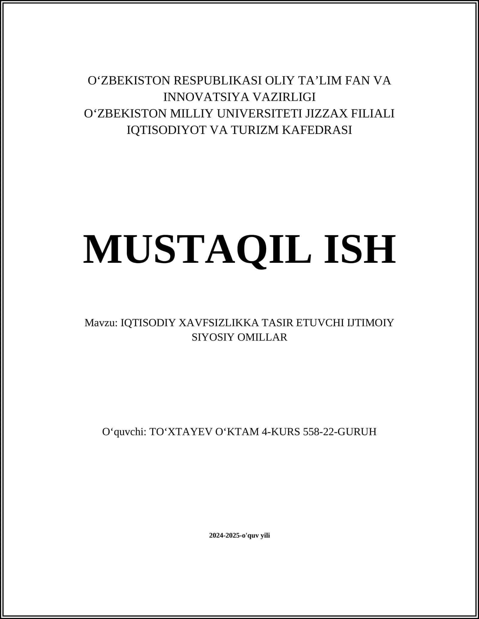 IQTISODIY XAVFSIZLIKKA TASIR ETUVCHI IJTIMOIY SIYOSIY OMILLAR 1