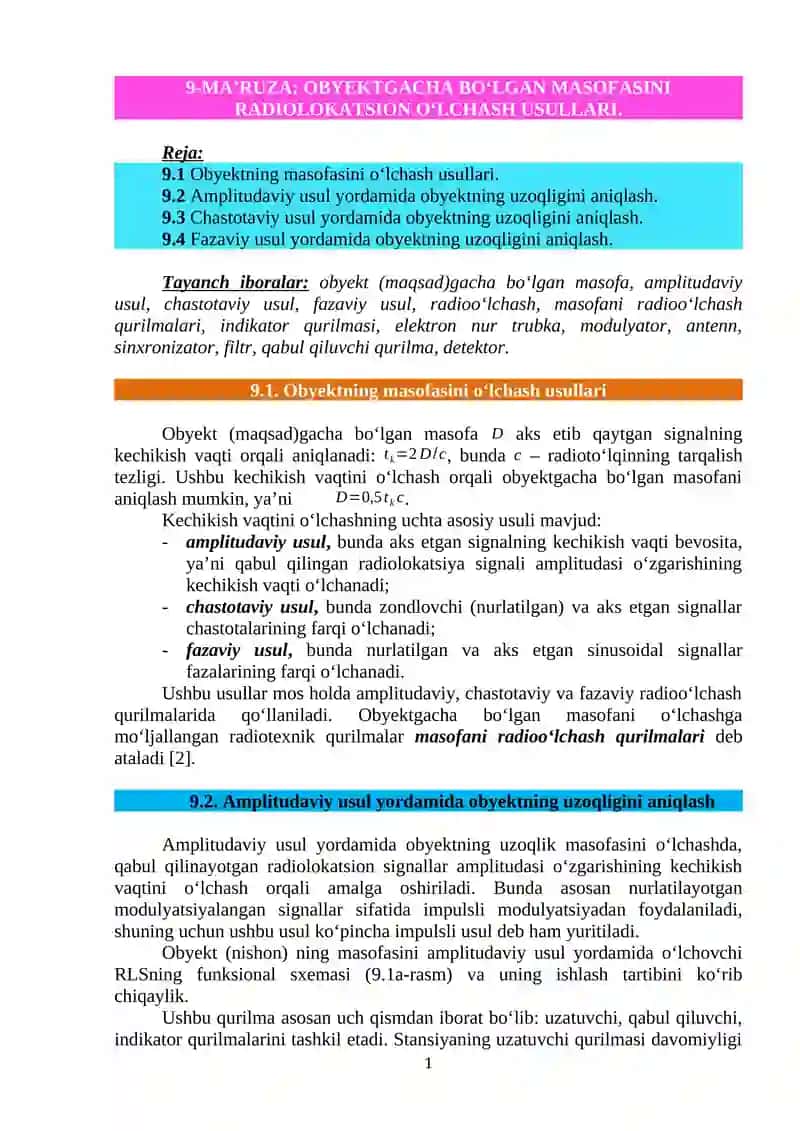 OBYEKTGACHA BO‘LGAN MASOFASINI RADIOLOKATSION O‘LCHASH USULLARI