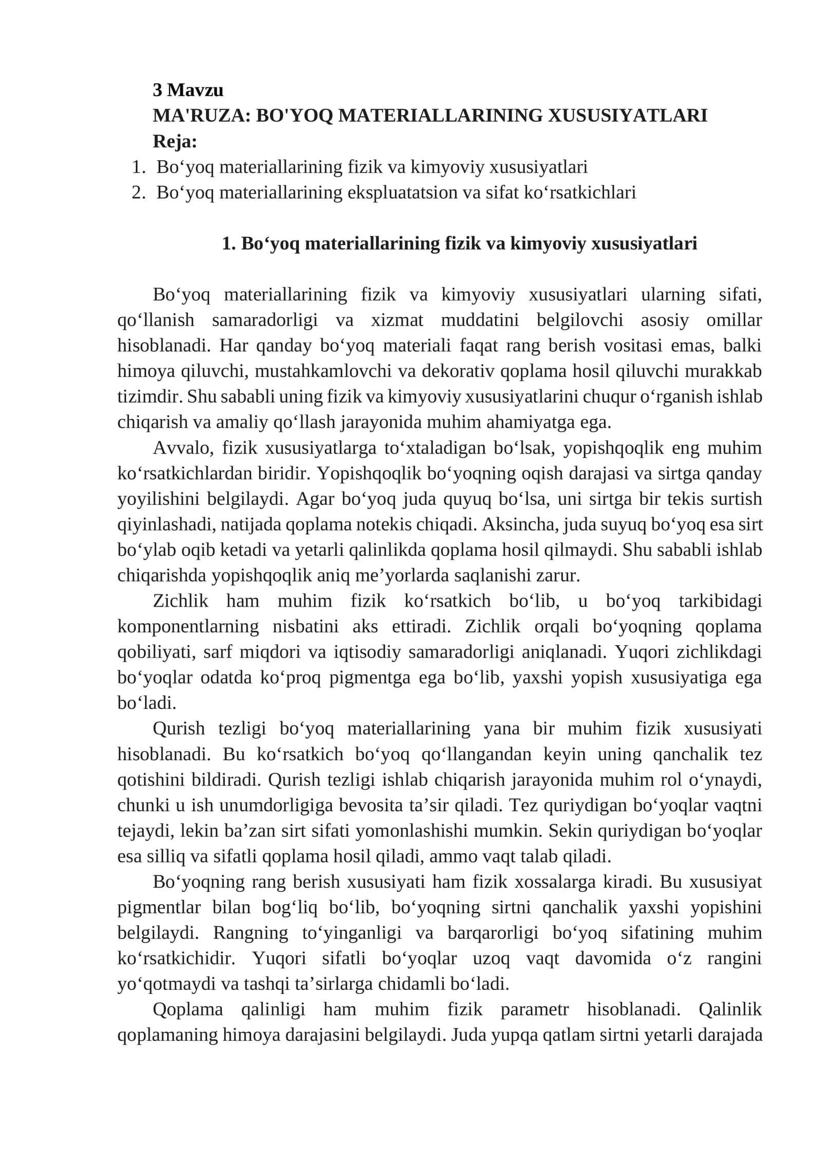 MA'RUZA: BO'YOQ MATERIALLARINING XUSUSIYATLARI 1