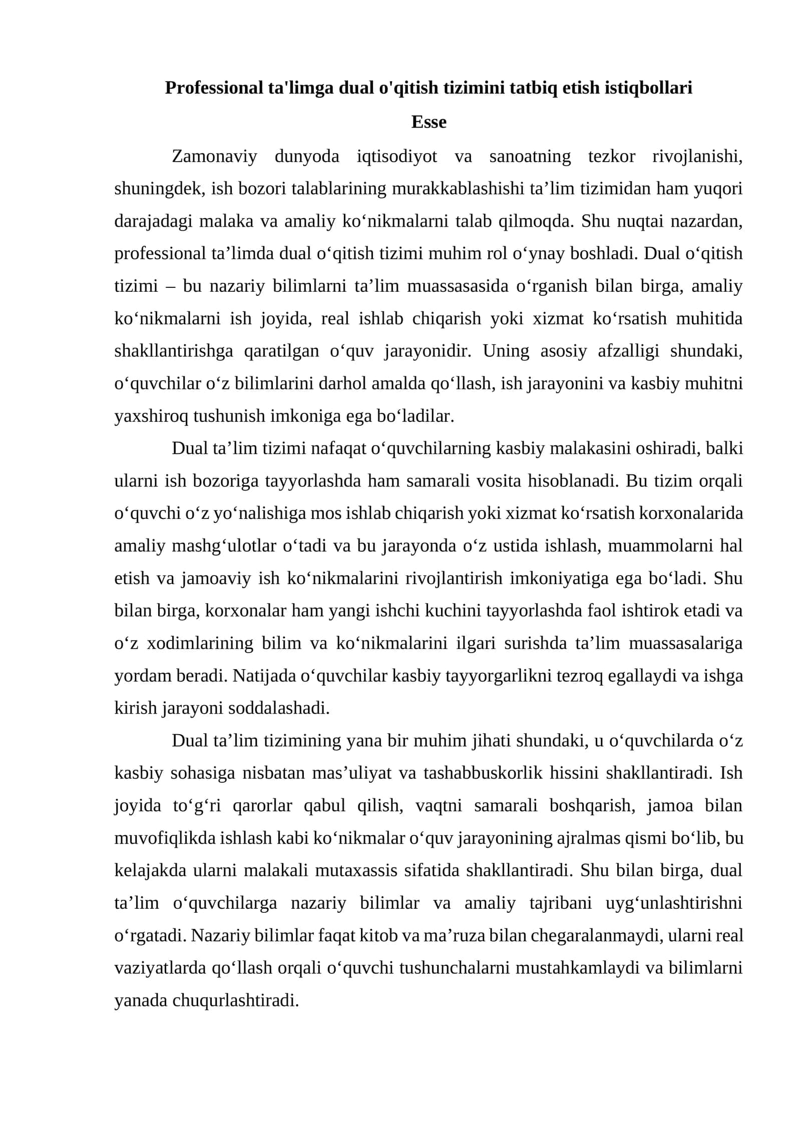 Professional ta'limga dual o'qitish tizimini tatbiq etish istiqbollari 1