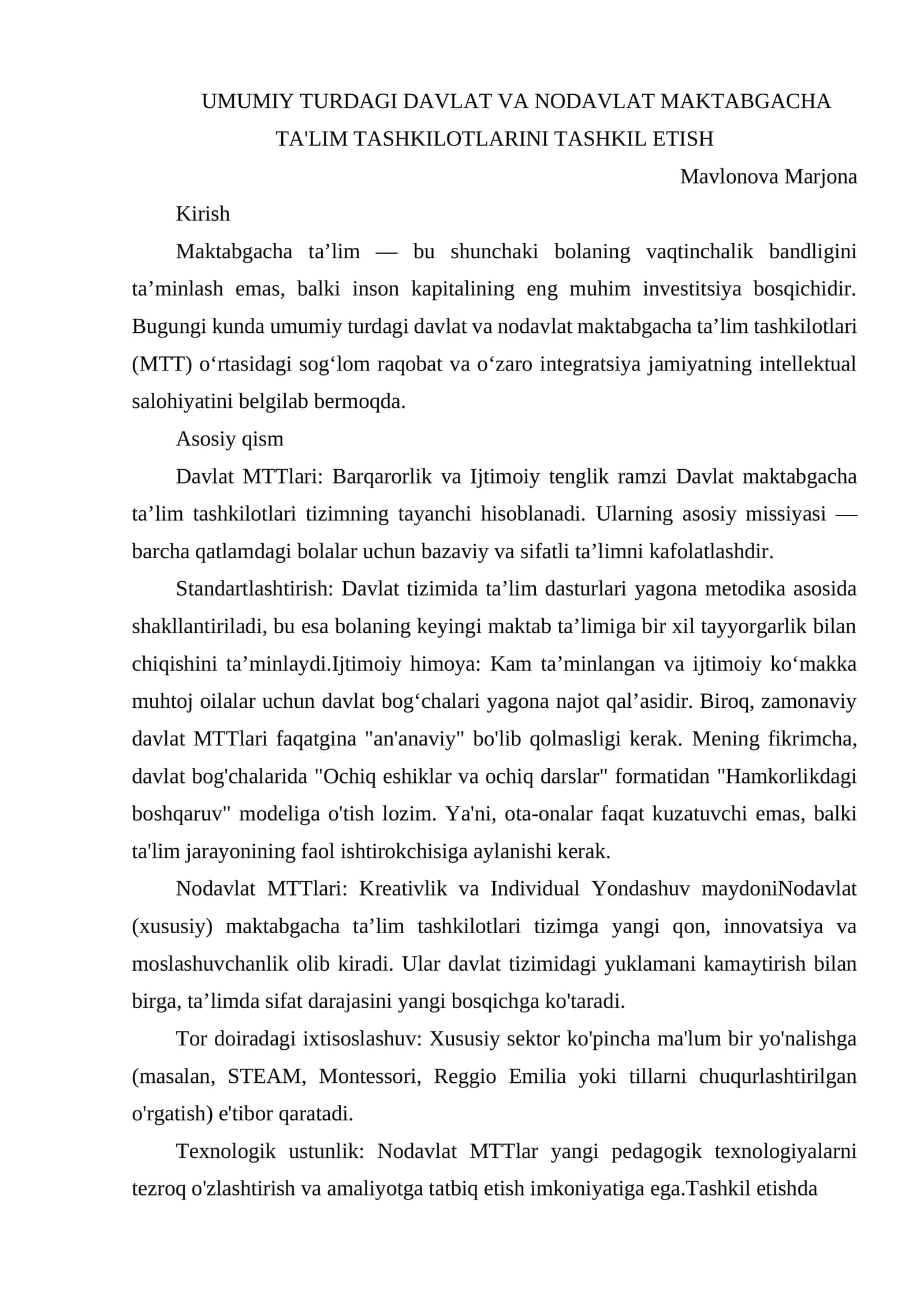 Davlat va Nodavlat Maktabgacha Ta'lim Tashkilotlarini Tashkil Etish 1