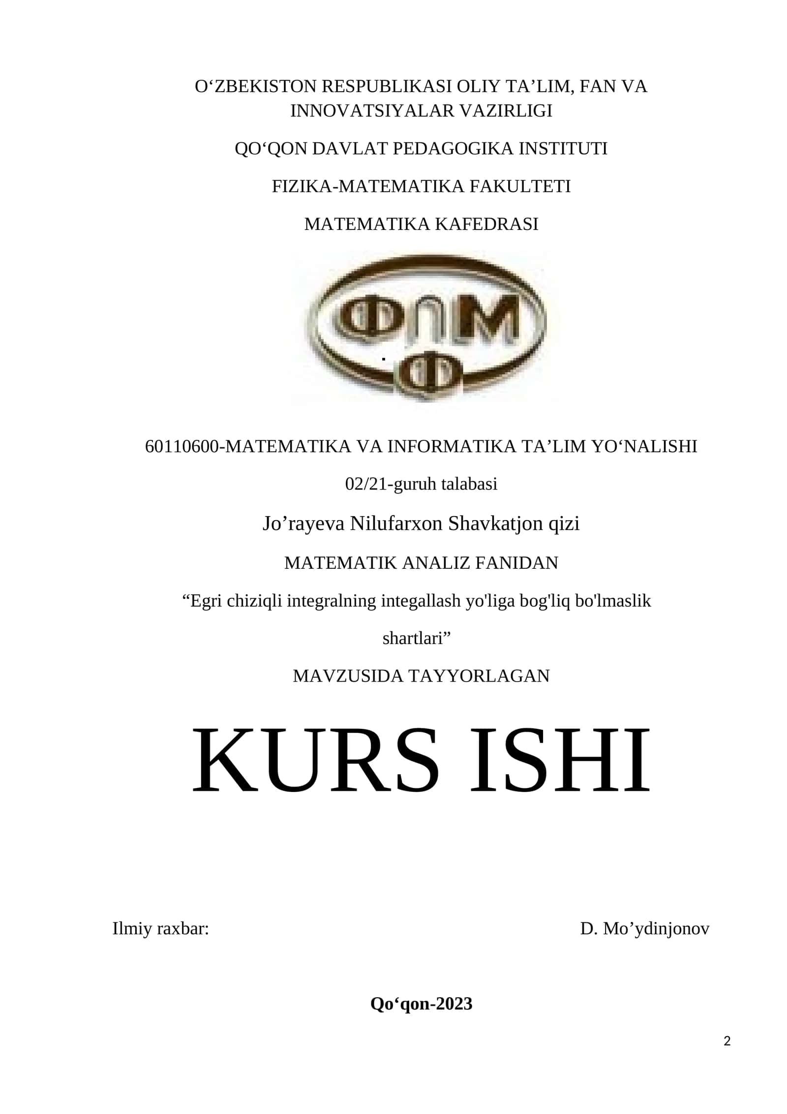 Egri chiziqli integralning integallash yo'liga bog'liq bo'lmaslik shartlari 1