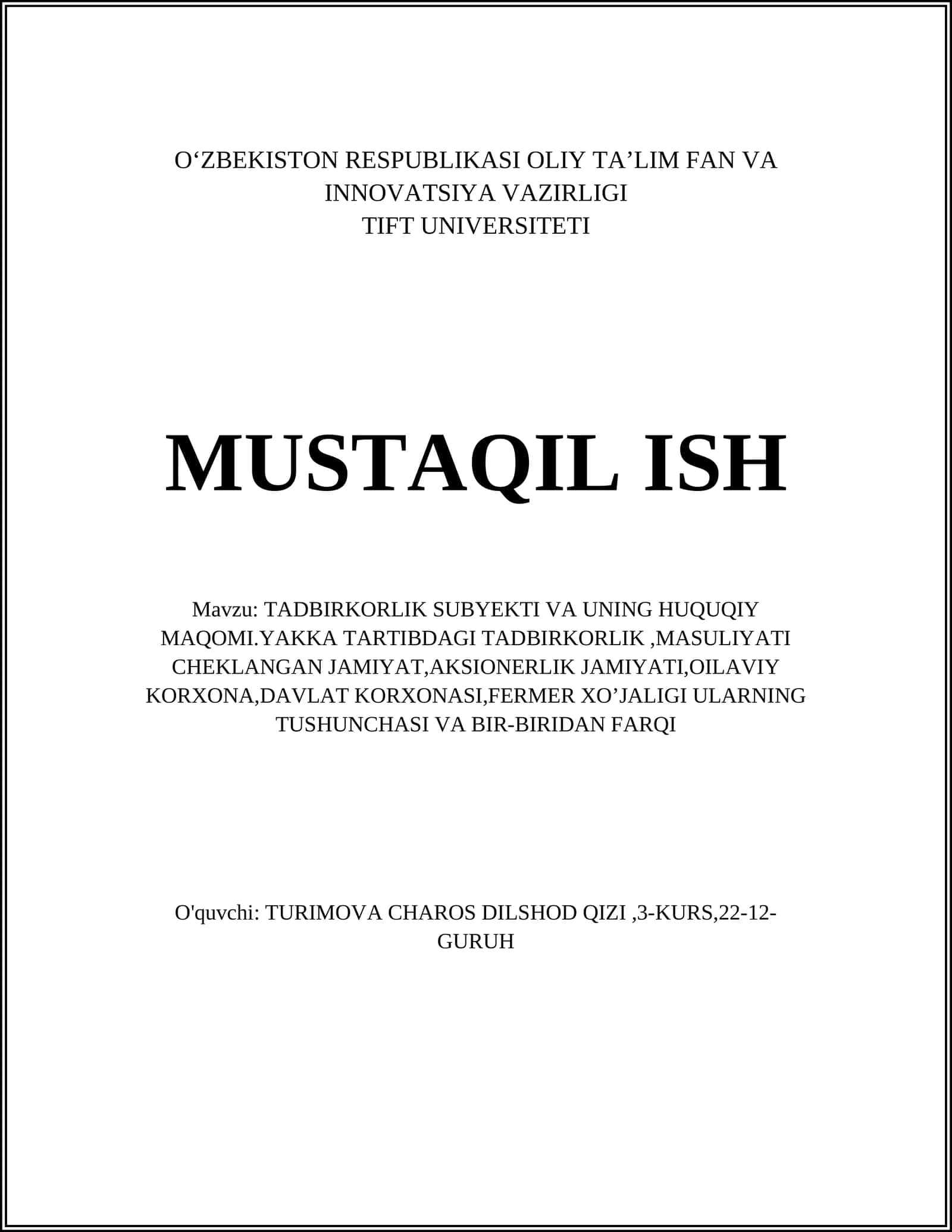 Tadbirkorlik subyekti va uning huquqiy maqomi 1