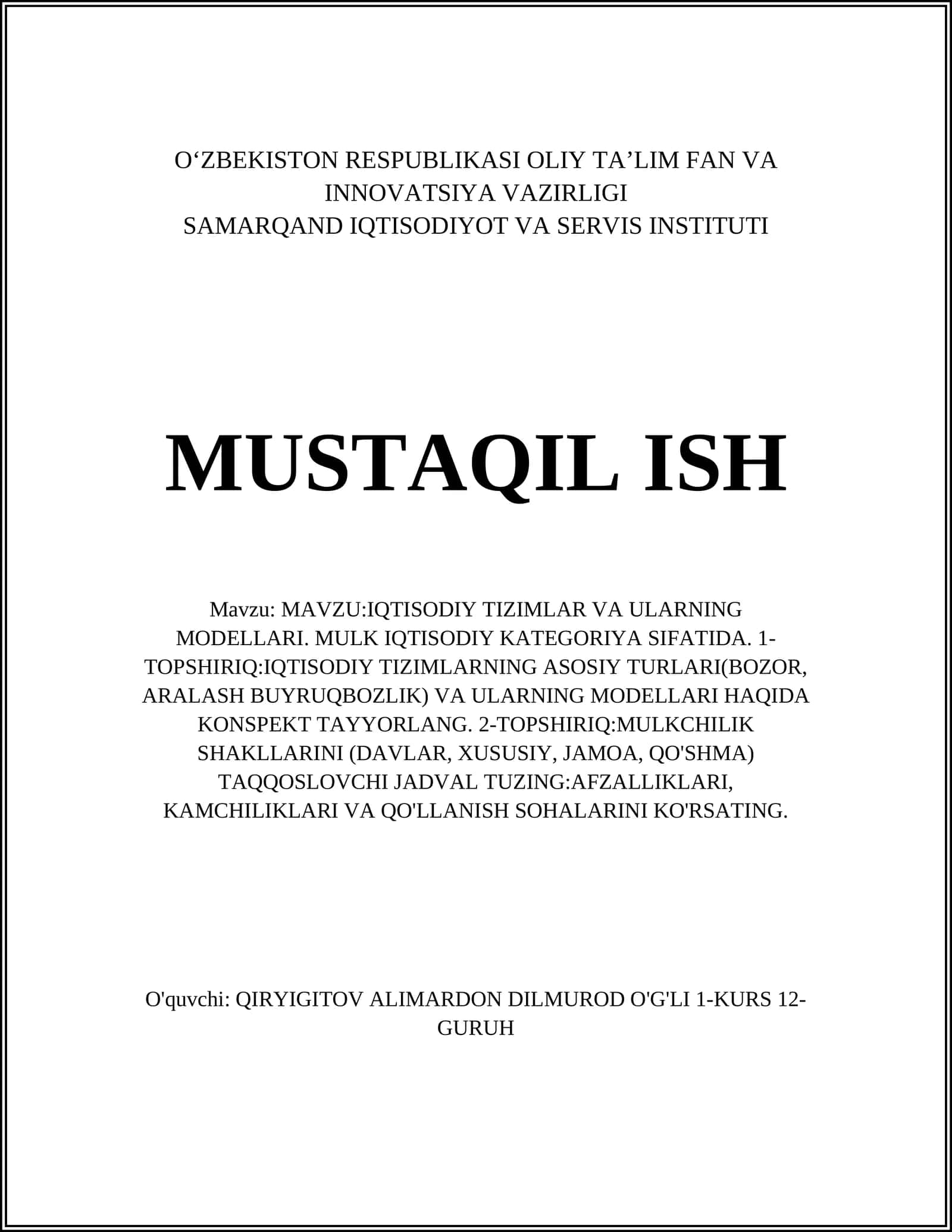 IQTISODIY TIZIMLAR VA ULARNING MODELLARI 1