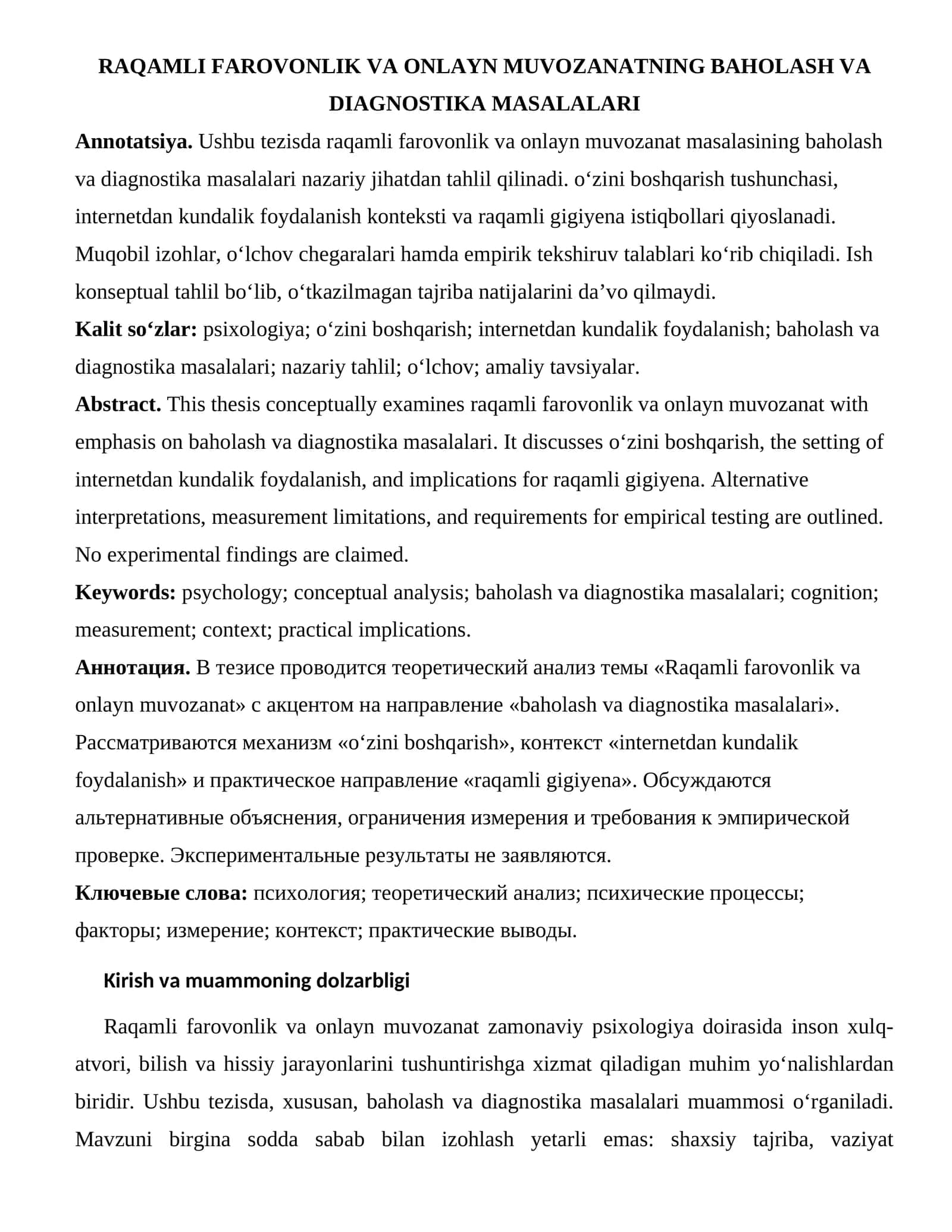 RAQAMLI FAROVONLIK VA ONLAYN MUVOZANATNING BAHOLASH VA DIAGNOSTIKA MASALALARI 1