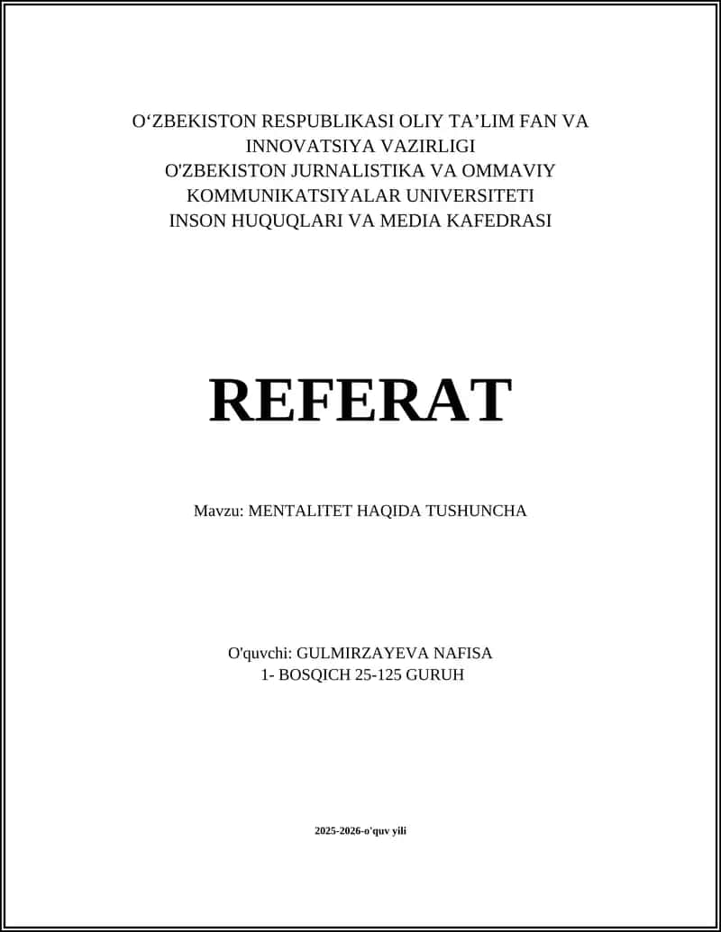 MENTALITET HAQIDA TUSHUNCHA 1