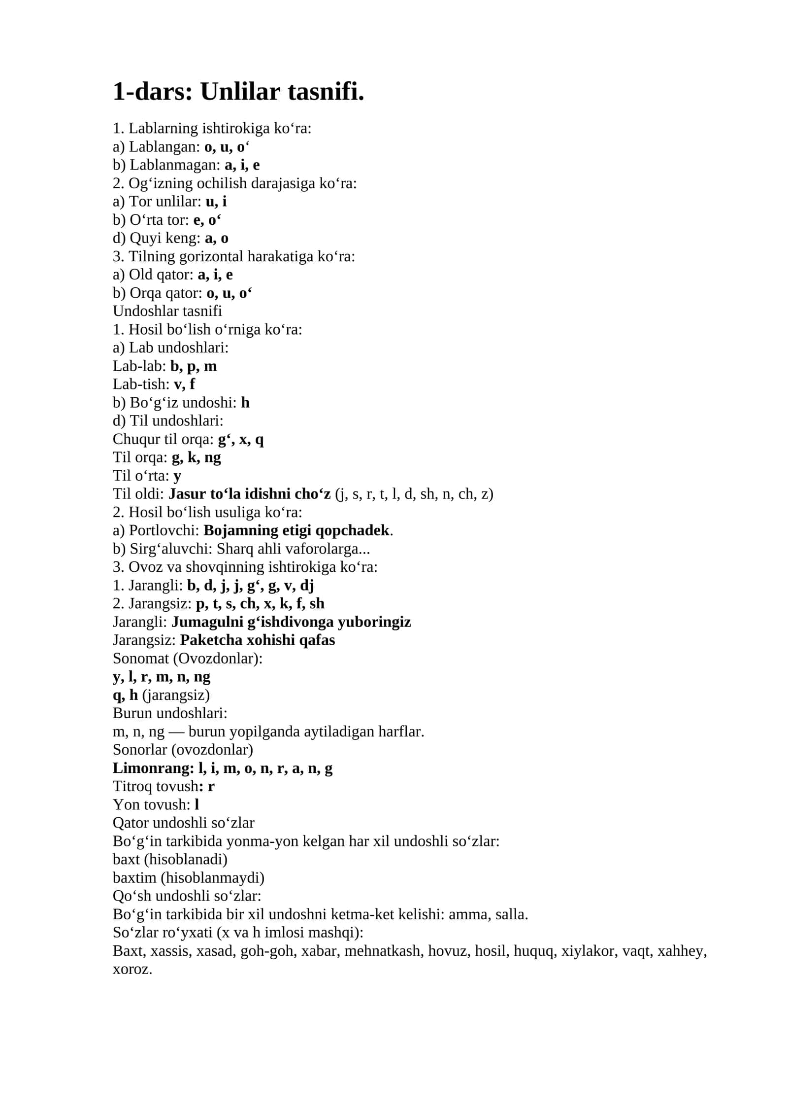 Unlilar va Undoshlar tasnifi 1