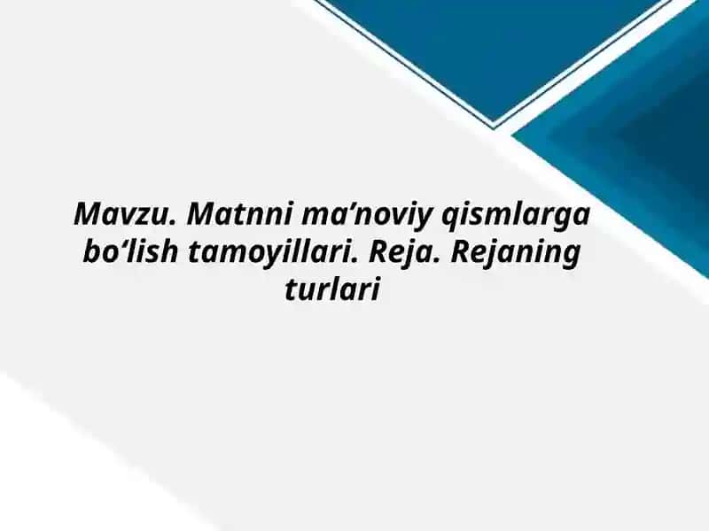 Matnni ma’noviy qismlarga bo‘lish tamoyillari. Reja. Rejaning turlari