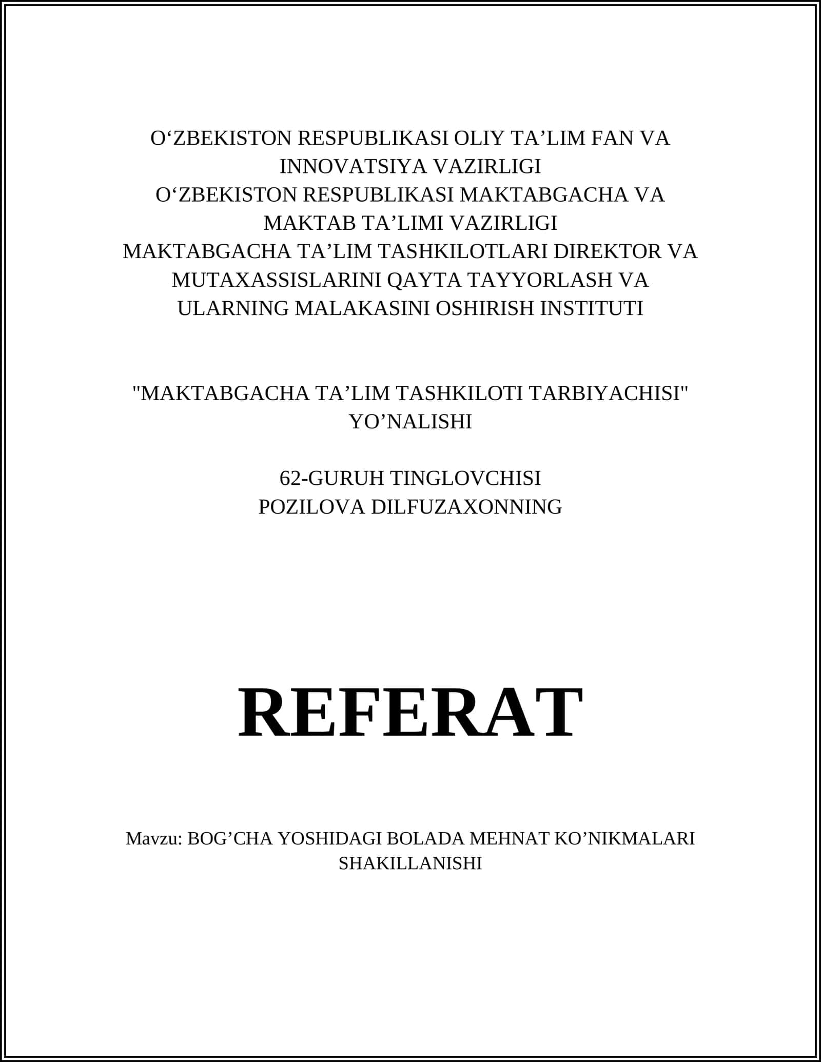 "MAKTABGACHA TA’LIM TASHKILOTI TARBIYACHISI" YO’NALISHI 1