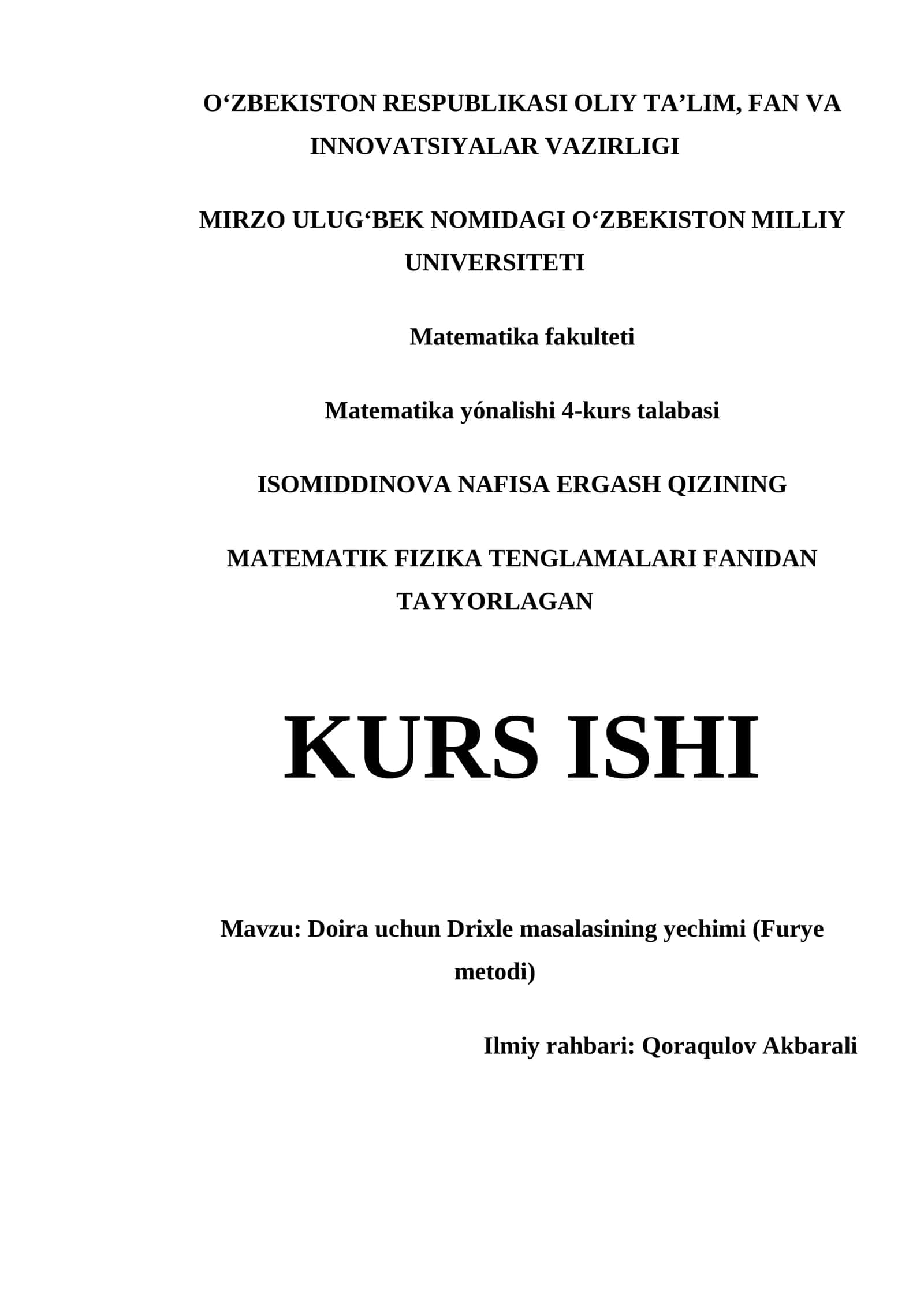 MATEMATIK FIZIKA TENGLAMALARI FANIDAN TAYYORLAGAN KURS ISHI 1