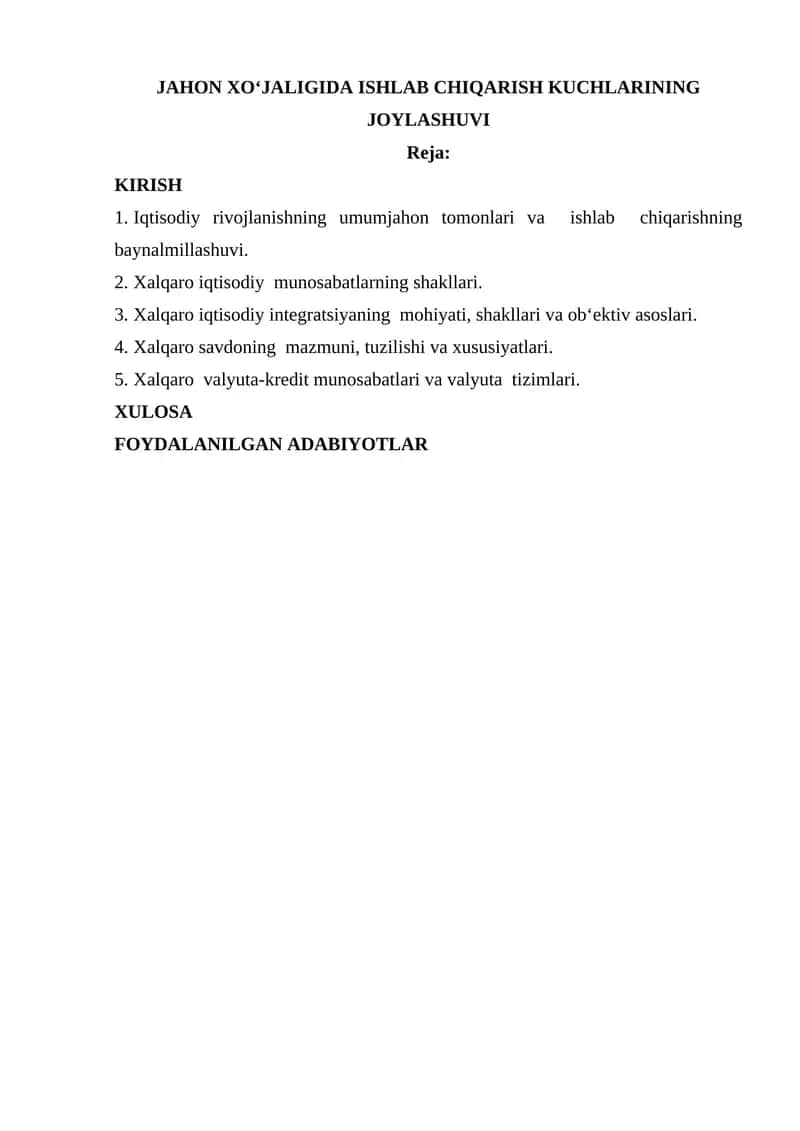 JAHON XO‘JALIGIDA ISHLAB CHIQARISH KUCHLARINING JOYLASHUVI 1