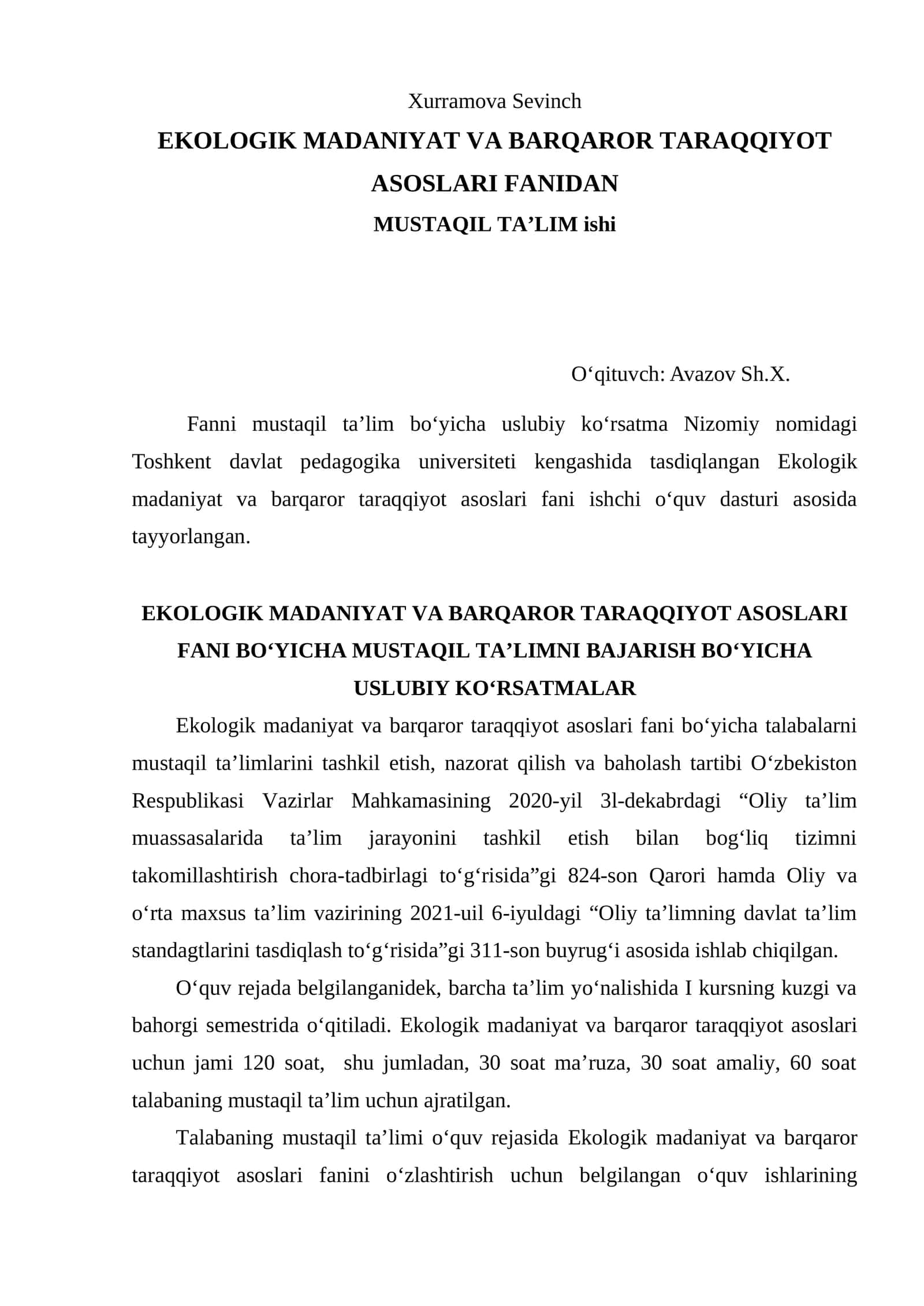 EKOLOGIK MADANIYAT VA BARQAROR TARAQQIYOT ASOSLARI FANIDAN MUSTAQIL TA’LIM ishi 1