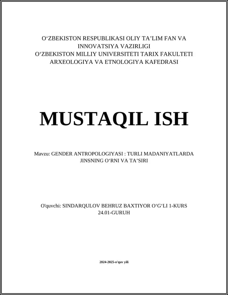 GENDER ANTROPOLOGIYASI: TURLI MADANIYATLARDA JINSNING OʻRNI VA TAʼSIRI 1