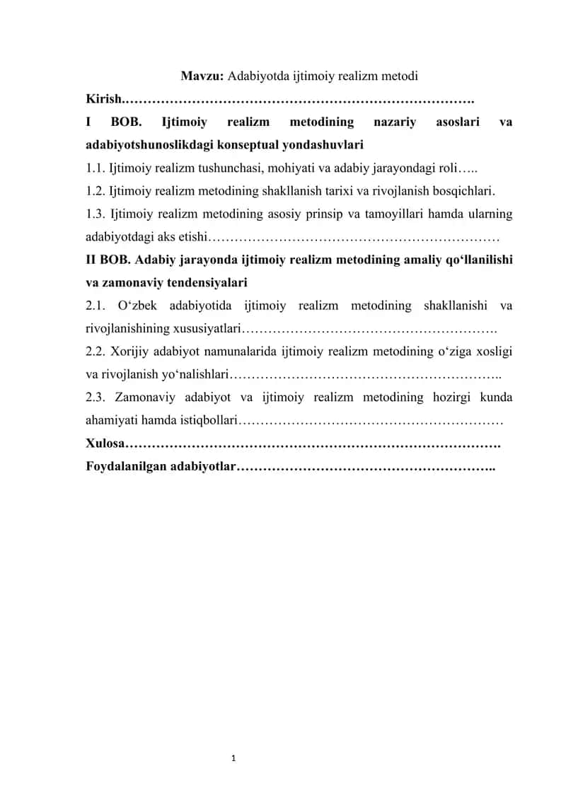 Adabiyotda ijtimoiy realizm metodi kurs ishi 1