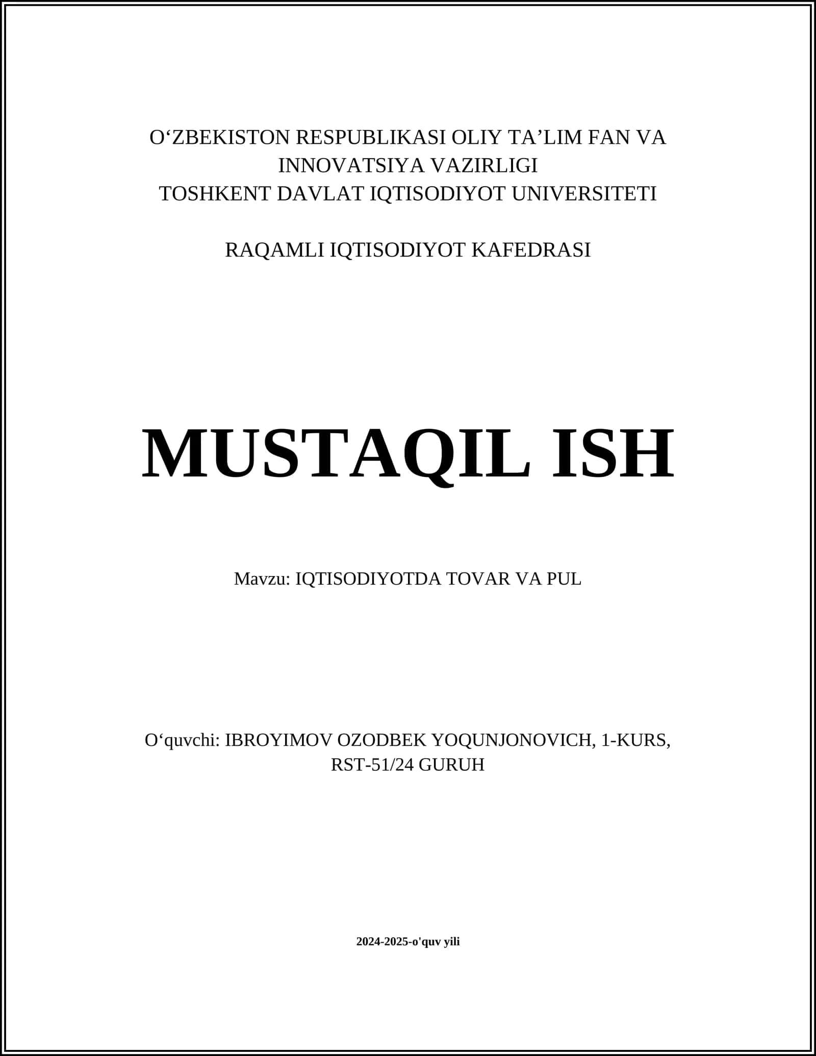 IQTISODIYOTDA TOVAR VA PUL 1