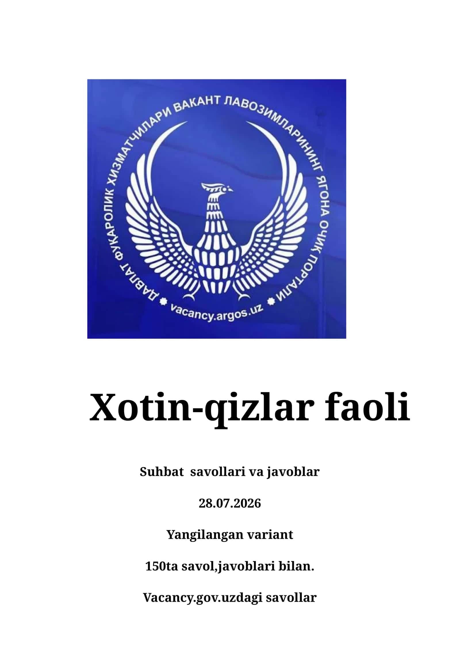 Xotin-qizlar faoli Argos suhbat 28.07.2026 savol va javoblari 1