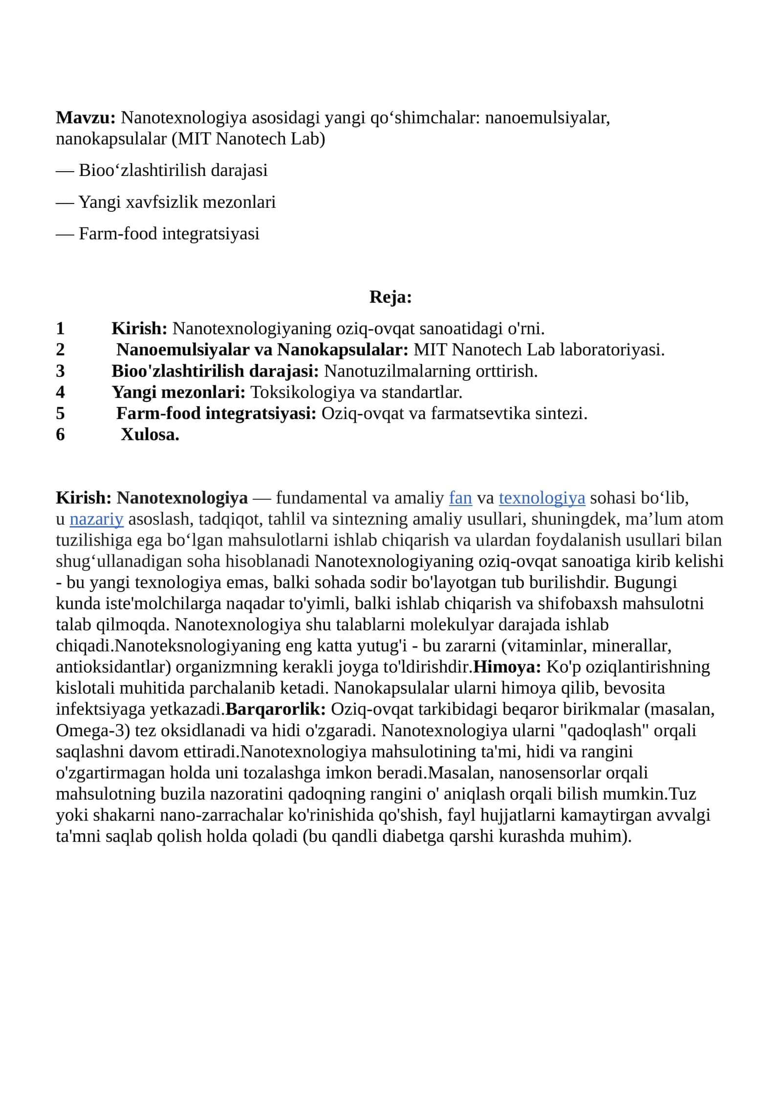 Nanotexnologiya asosidagi yangi qo‘shimchalar: nanoemulsiyalar, nanokapsulalar (MIT Nanotech Lab) 1
