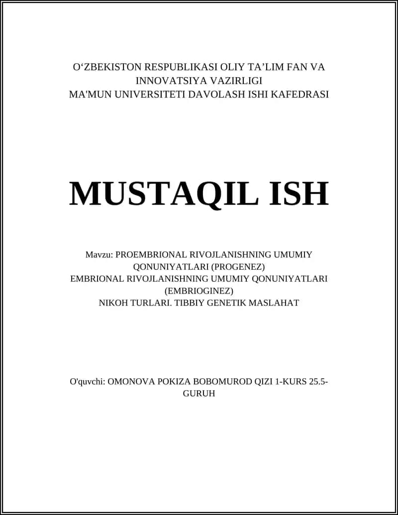 PROEMBRIONAL RIVOJLANISHNING UMUMIY QONUNIYATLARI (PROGENEZ) 1