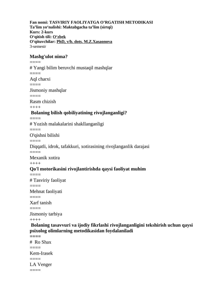 TASVIRIY FAOLIYATGA O’RGATISH METODIKASI 1