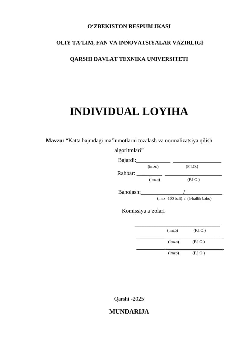 Katta hajmdagi ma’lumotlarni tozalash va normalizatsiya qilish algoritmlari 1