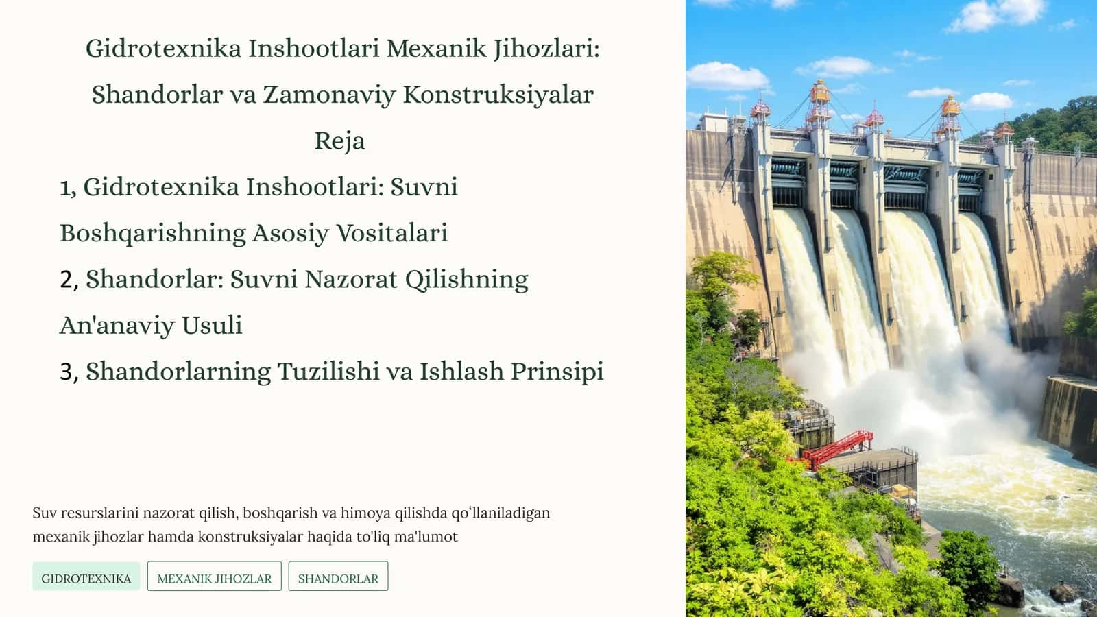 Gidrotexnika Inshootlari: Suvni Boshqarishning Asosiy Vositalari 1