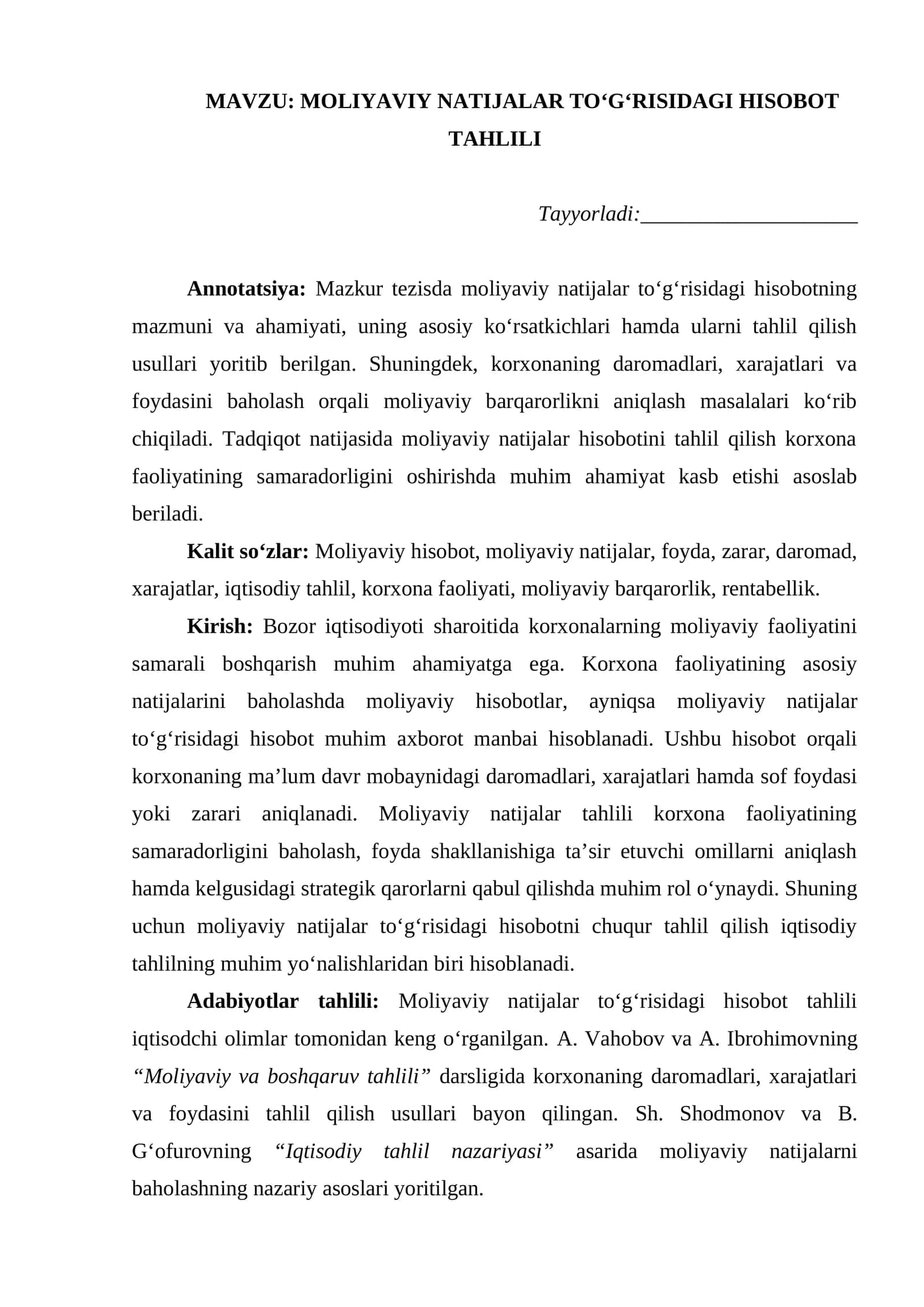 Moliyaviy natijalar to‘g‘risidagi hisobot tahlili maqola 1
