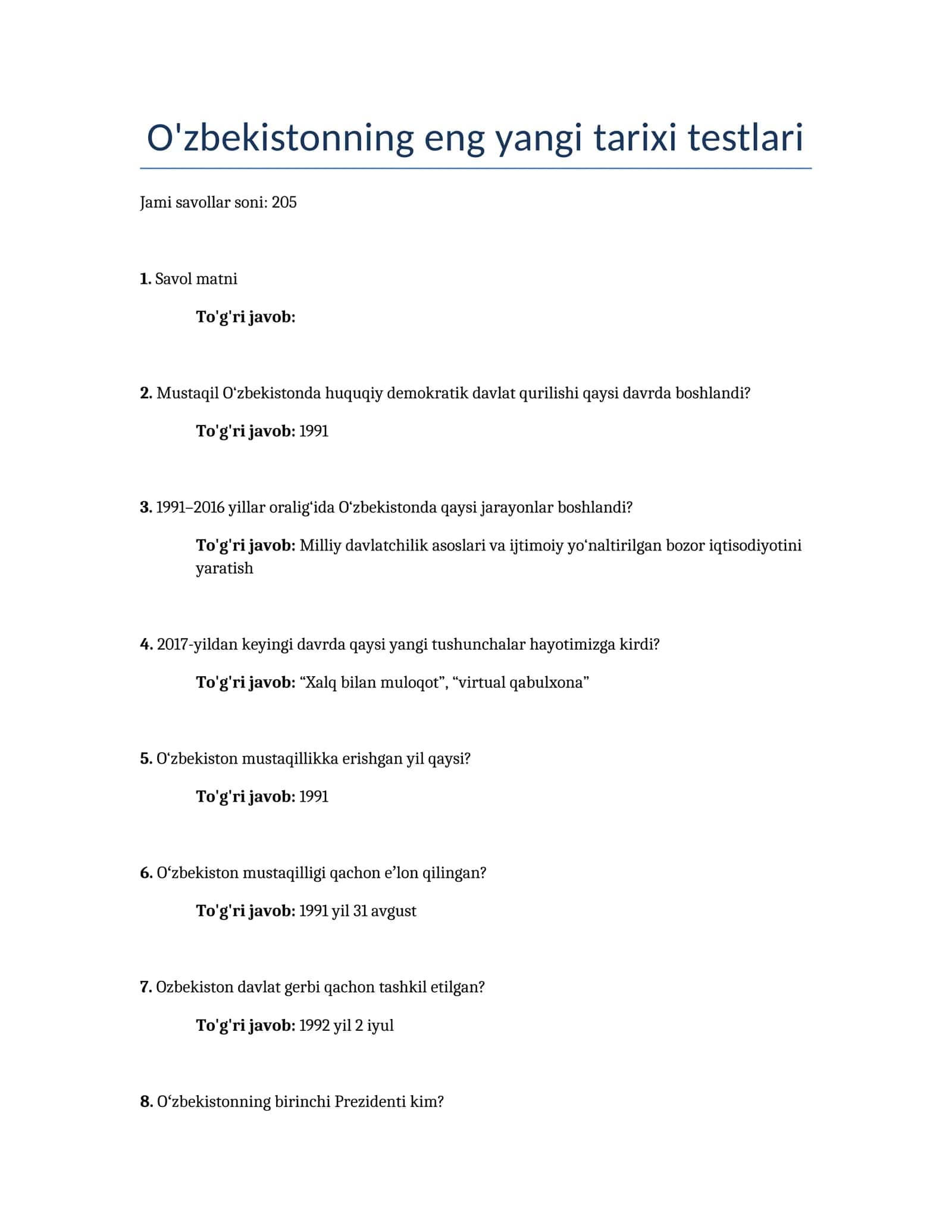 O'zbekistonning eng yangi tarixi testlari 1
