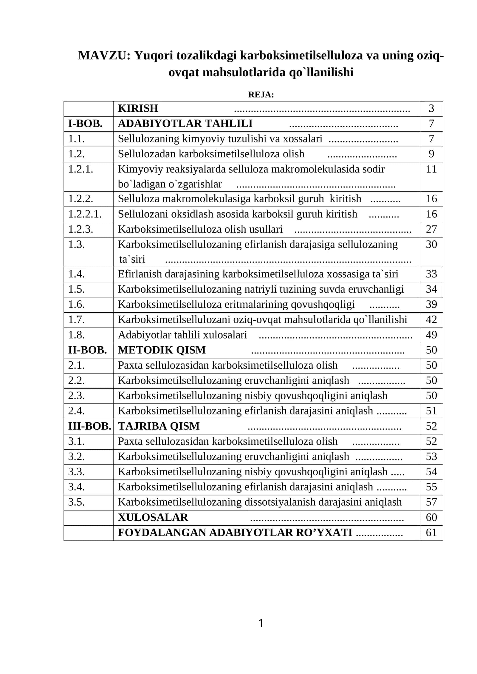 Yuqori tozalikdagi karboksimetilselluloza va uning oziq-ovqat mahsulotlarida qo`llanilishi 1