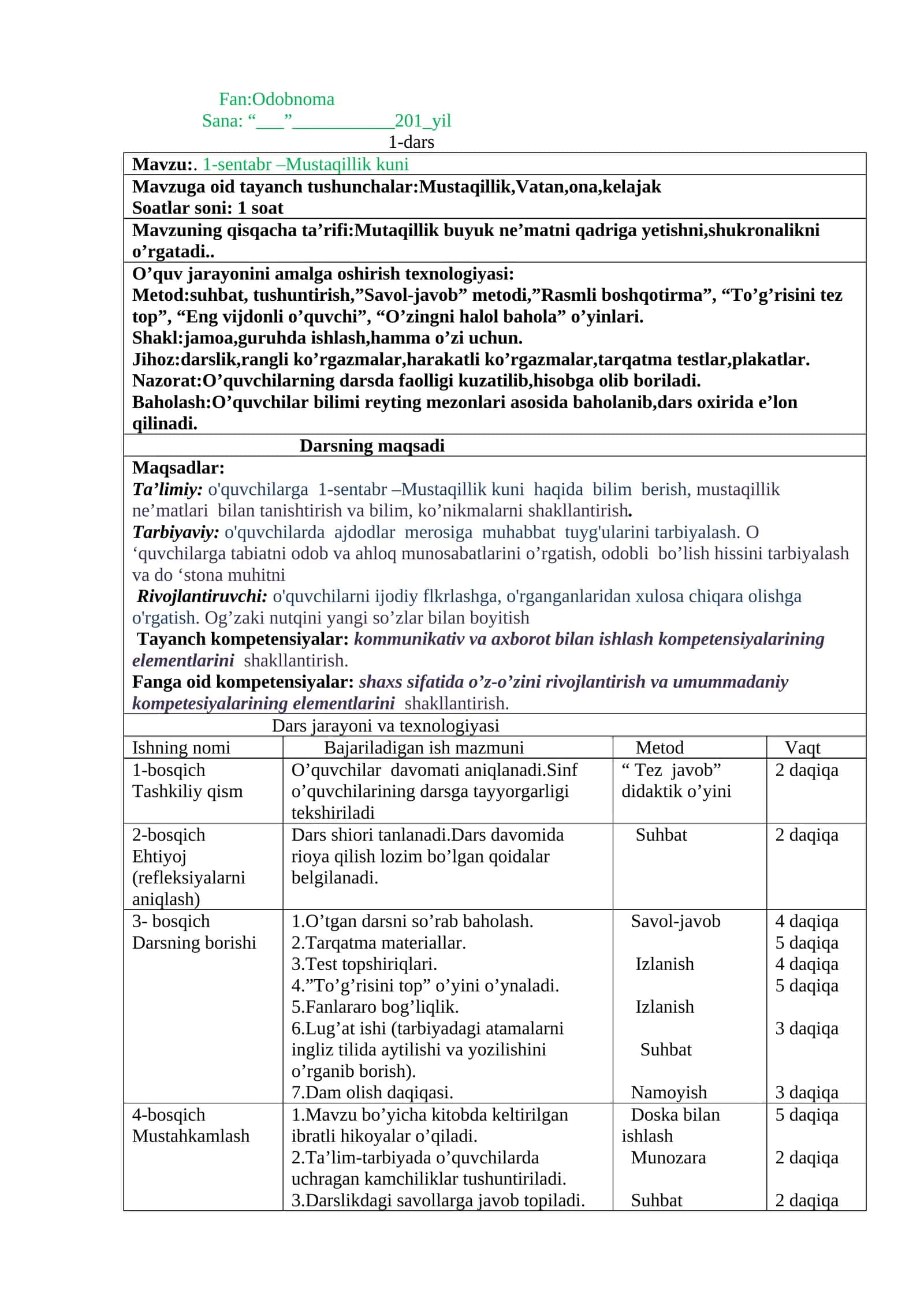 O'qish fanidan odobnoma darsi 1