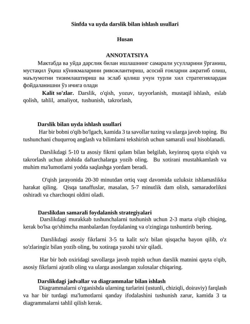 Sinfda va uyda darslik bilan ishlash usullari 1