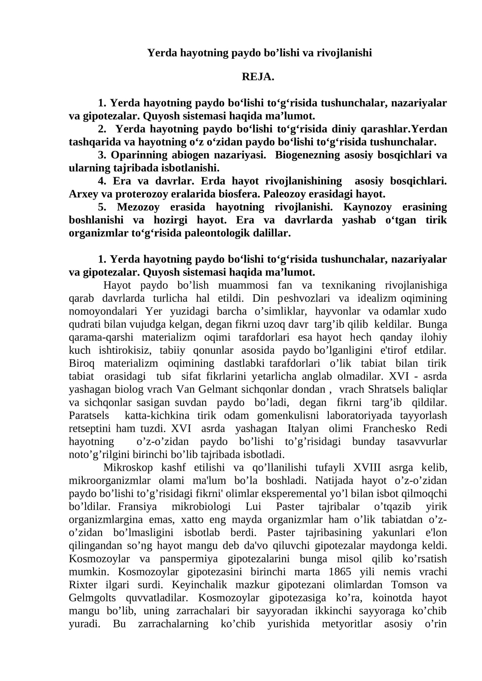 Yerda hayotning paydo bo’lishi va rivojlanishi 1