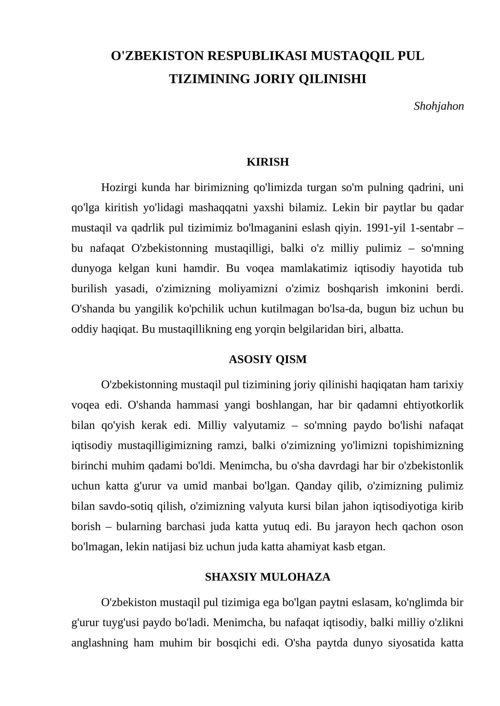 O'ZBEKISTON RESPUBLIKASI MUSTAQQIL PUL TIZIMINING JORIY QILINISHI 1