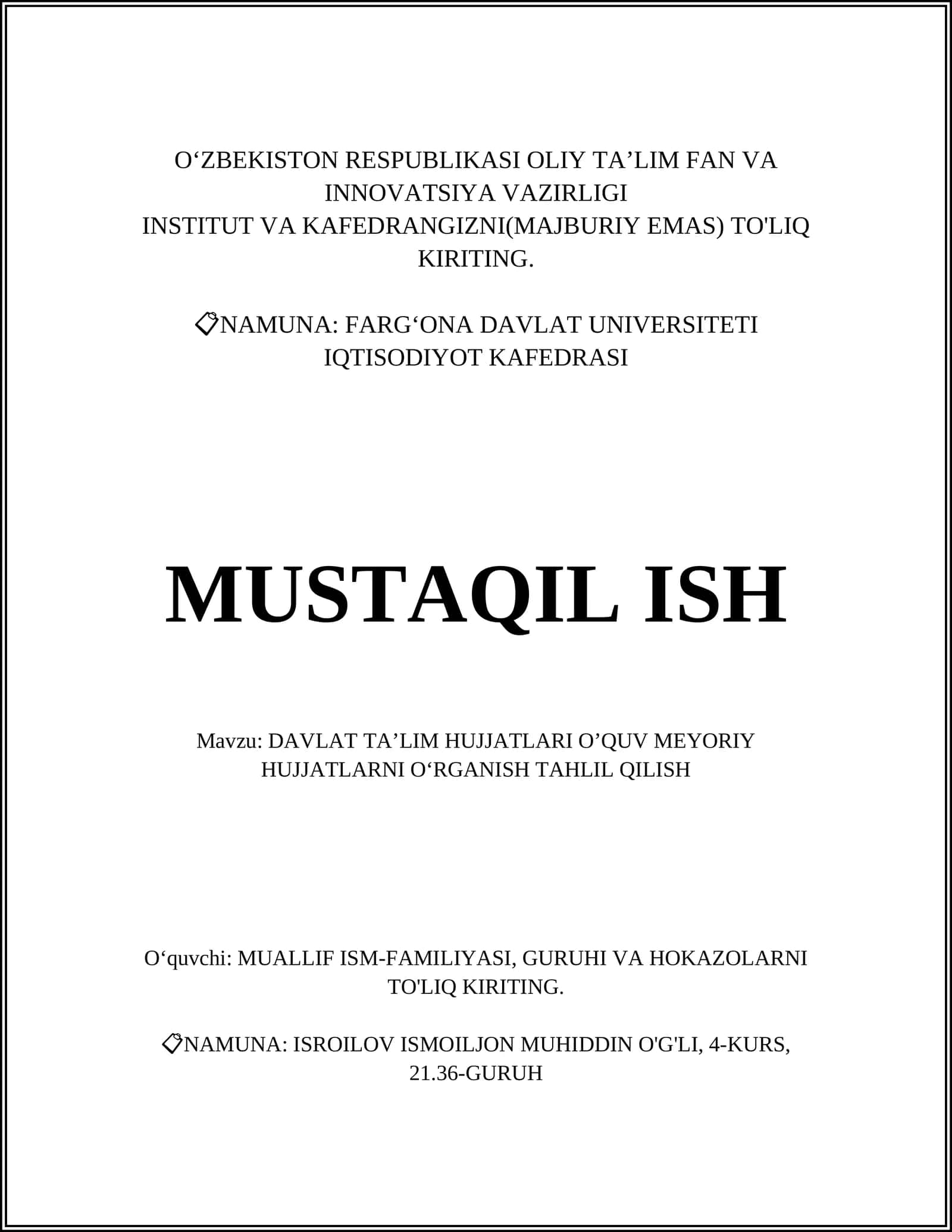 DAVLAT TAʼLIM HUJJATLARI OʼQUV MEYORIY HUJJATLARNI OʻRGANISH TAHLIL QILISH 1