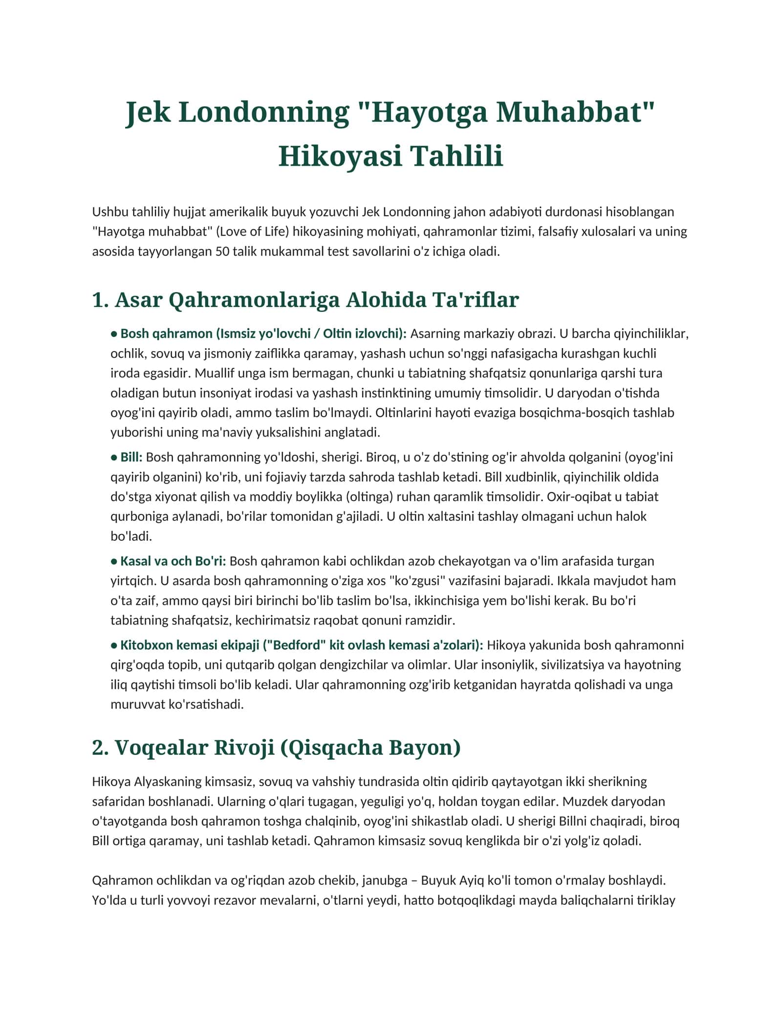 Jek Londonning "Hayotga Muhabbat" Hikoyasi Tahlili 1