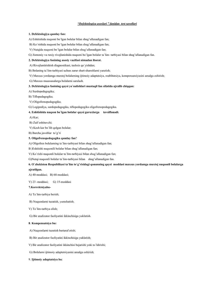 Defektologiya asoslari fanidan test savollari 1
