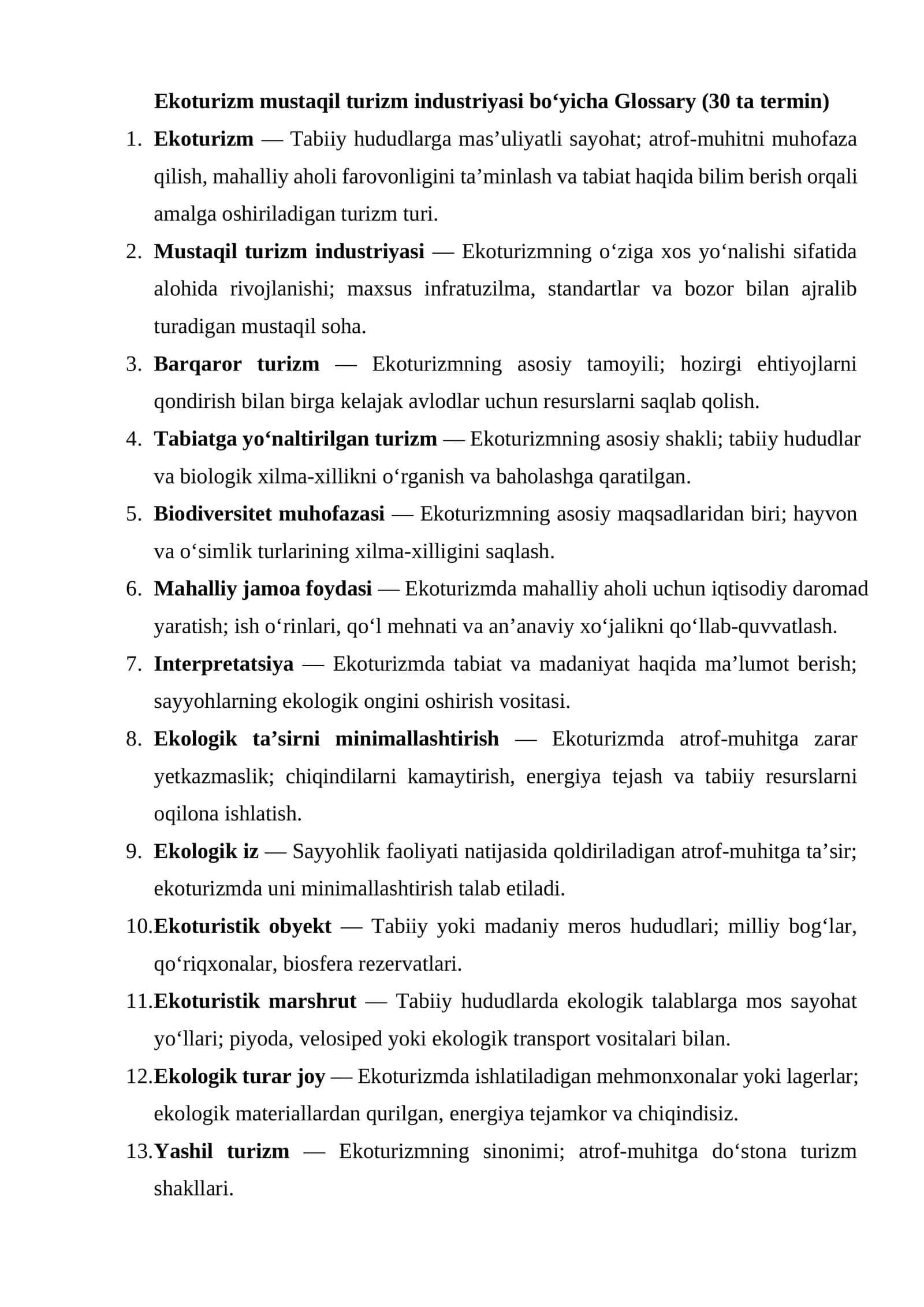 Ekoturizm mustaqil turizm industriyasi bo‘yicha Glossary (30 ta termin) 1