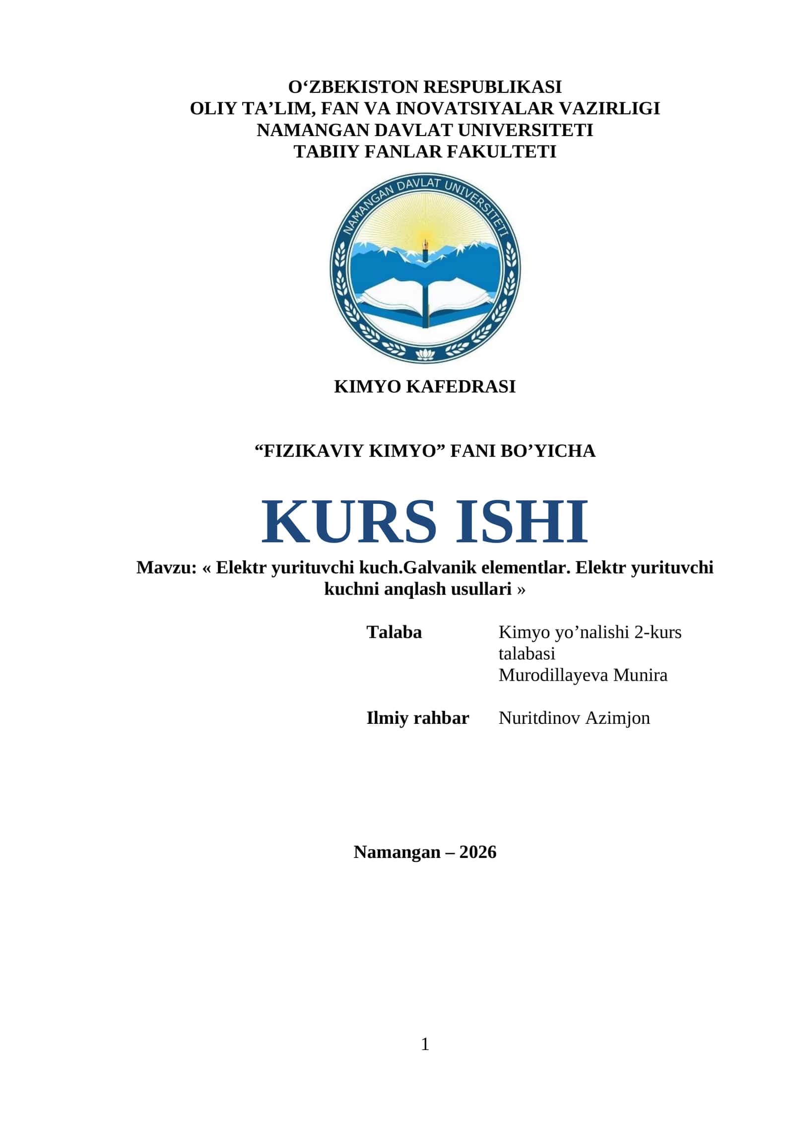 Elektr yurituvchi kuch.Galvanik elementlar. Elektr yurituvchi kuchni anqlash usullari 1