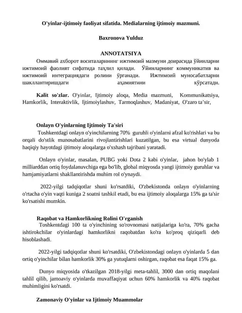 Onlayn O'yinlarning Ijtimoiy Ta'siri