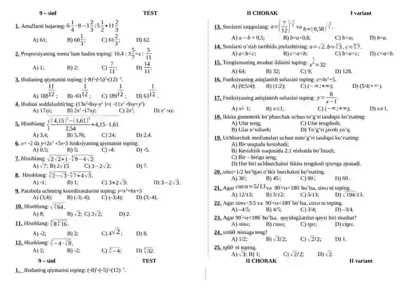 9-sinf matematika test 2-chorak uchun 1